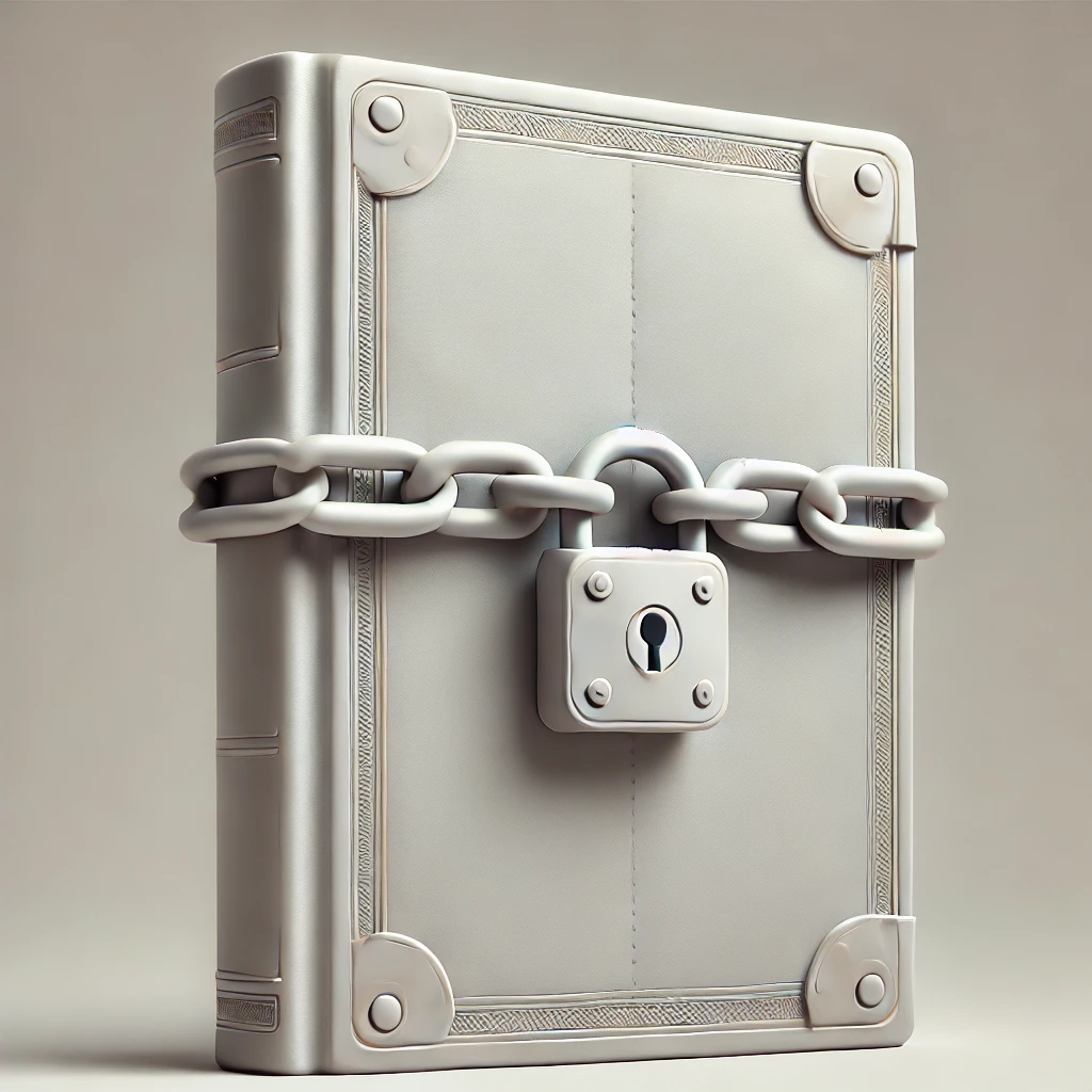 DALL·E 2025-02-13 01.06.12 - A minimalistic, plastic-like closed book with subtle embossed details on the cover, wrapped with a thin metal chain and a more prominent, clearly visi